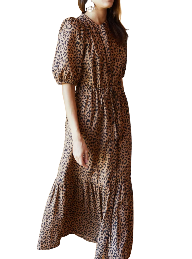 fitted lace wedding dress Retro Leopard Print Stand-Up Collar A-Line Dress  Lovenne